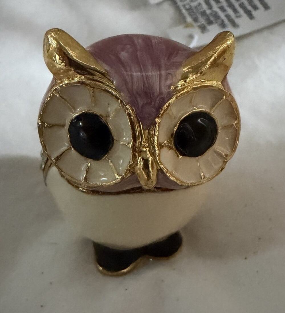 Owl Trinket Box Jeweled Purple Green Hinged Keepsake Box w/ Tag